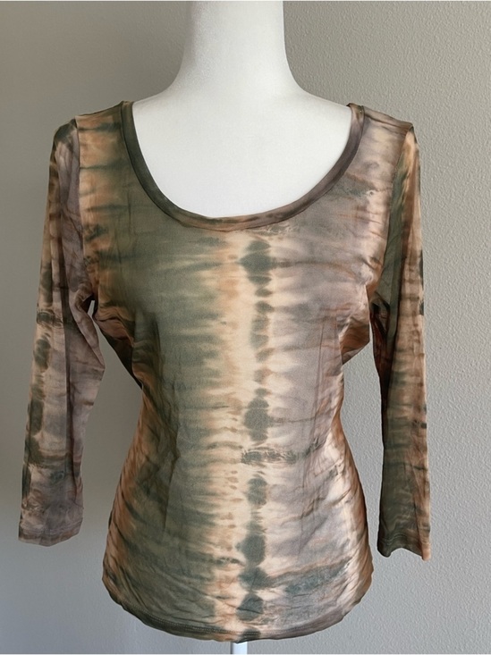 Tops - Women's Mesh Tie-Dye Scoop Neck Top in Olive and Taupe Size XL